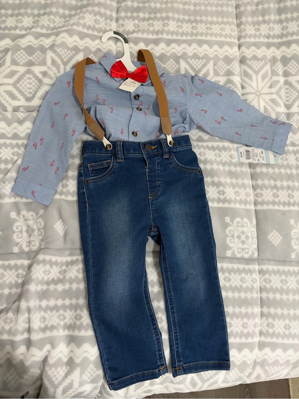 Target Boys Light Blue Shirt Set with Red Bow Tie and Tan Suspenders